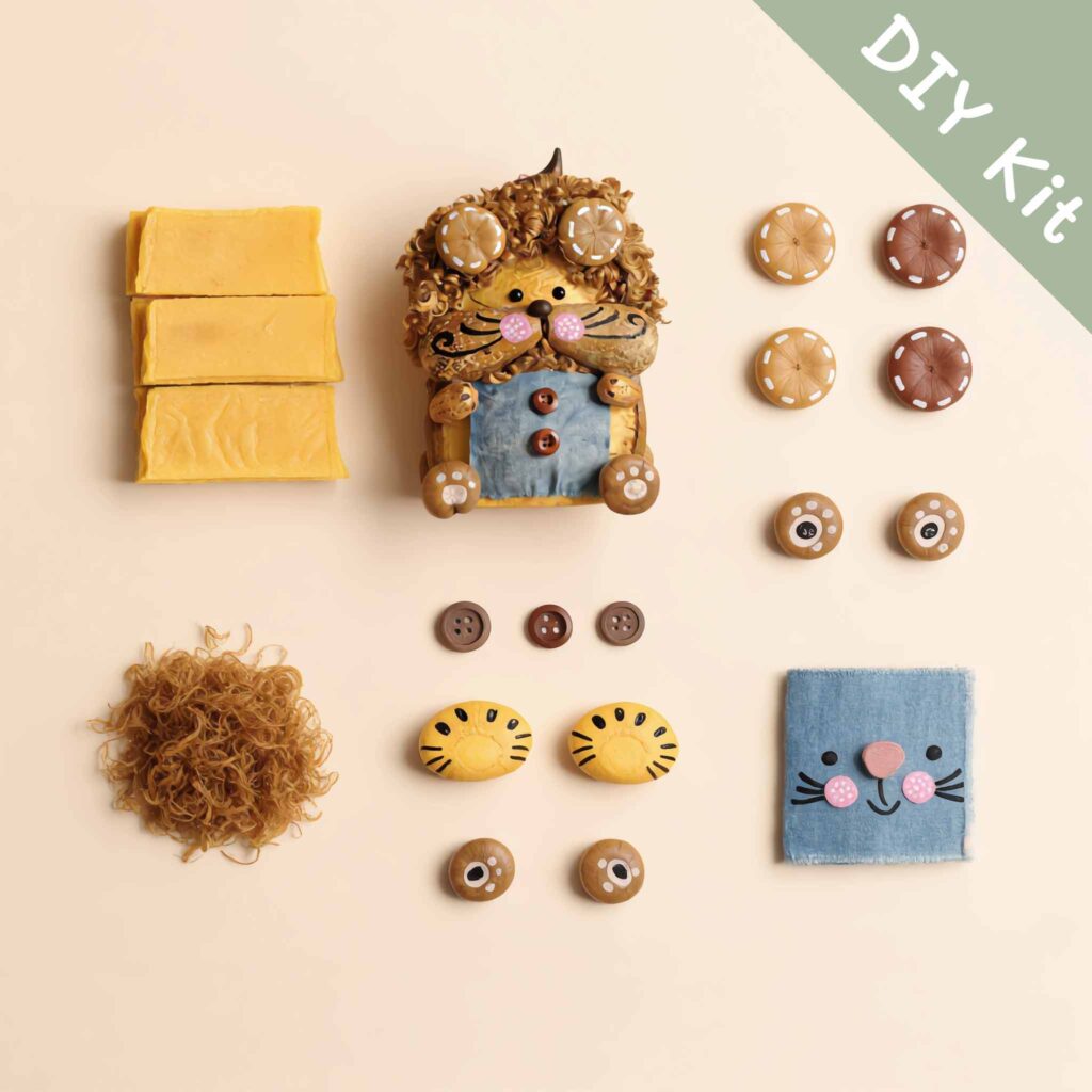 DIY Kit – Curly-Mane Lion Pod Doll materials laid out