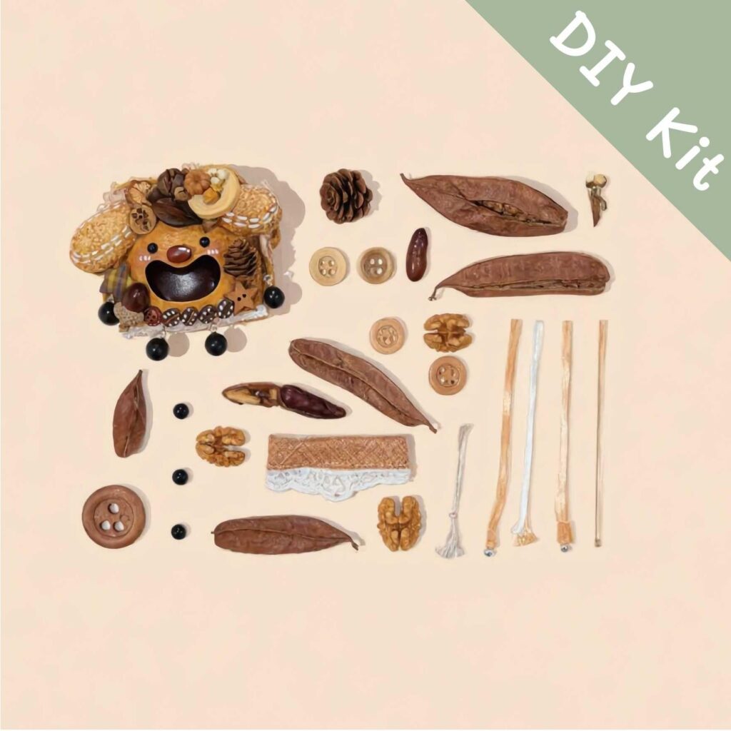 DIY Kit for Open-Mouth Pod Doll – Brown Bear (material kit laid out)