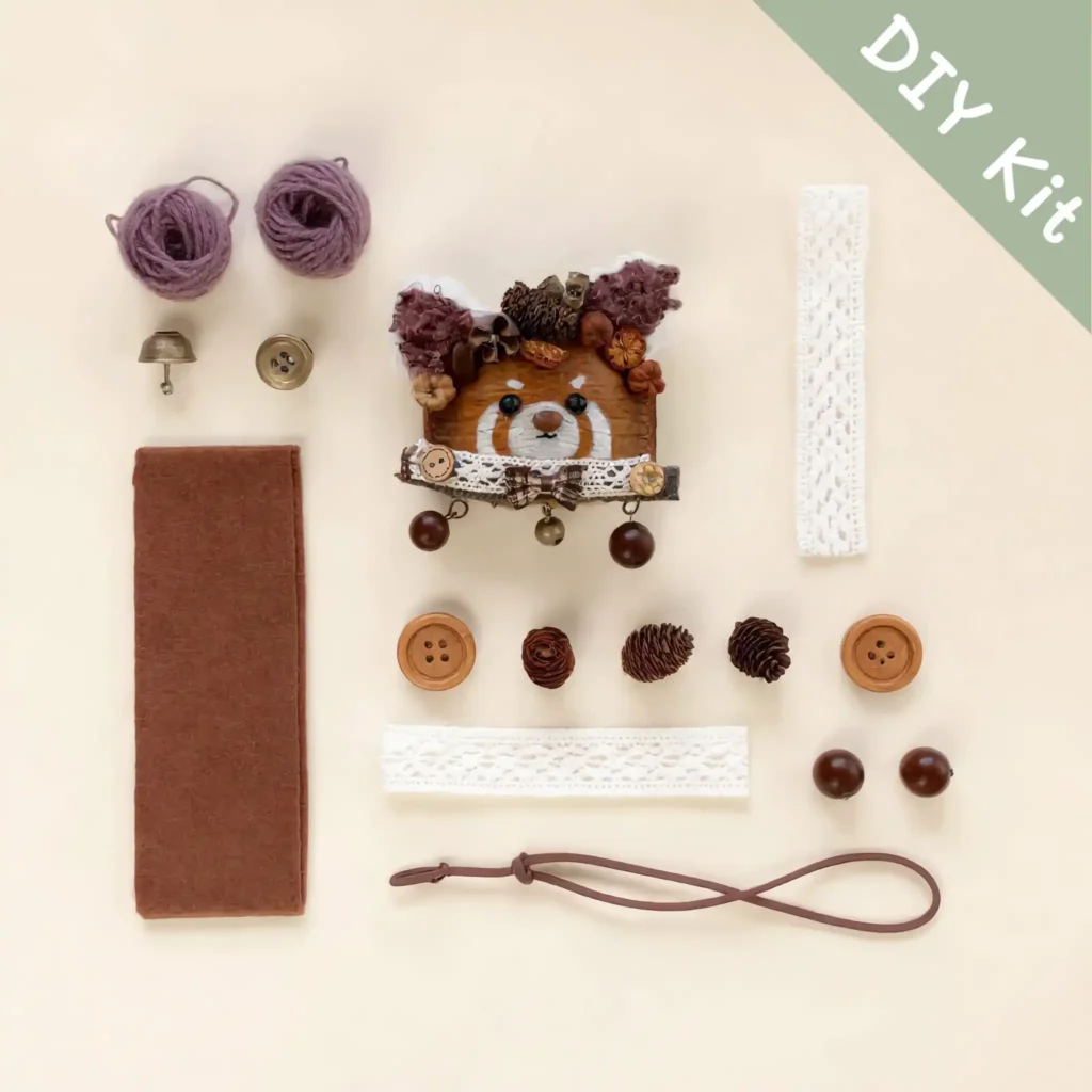 DIY Kit for Bear-Faced Pinecone Crown Pod Doll – material kit laid out