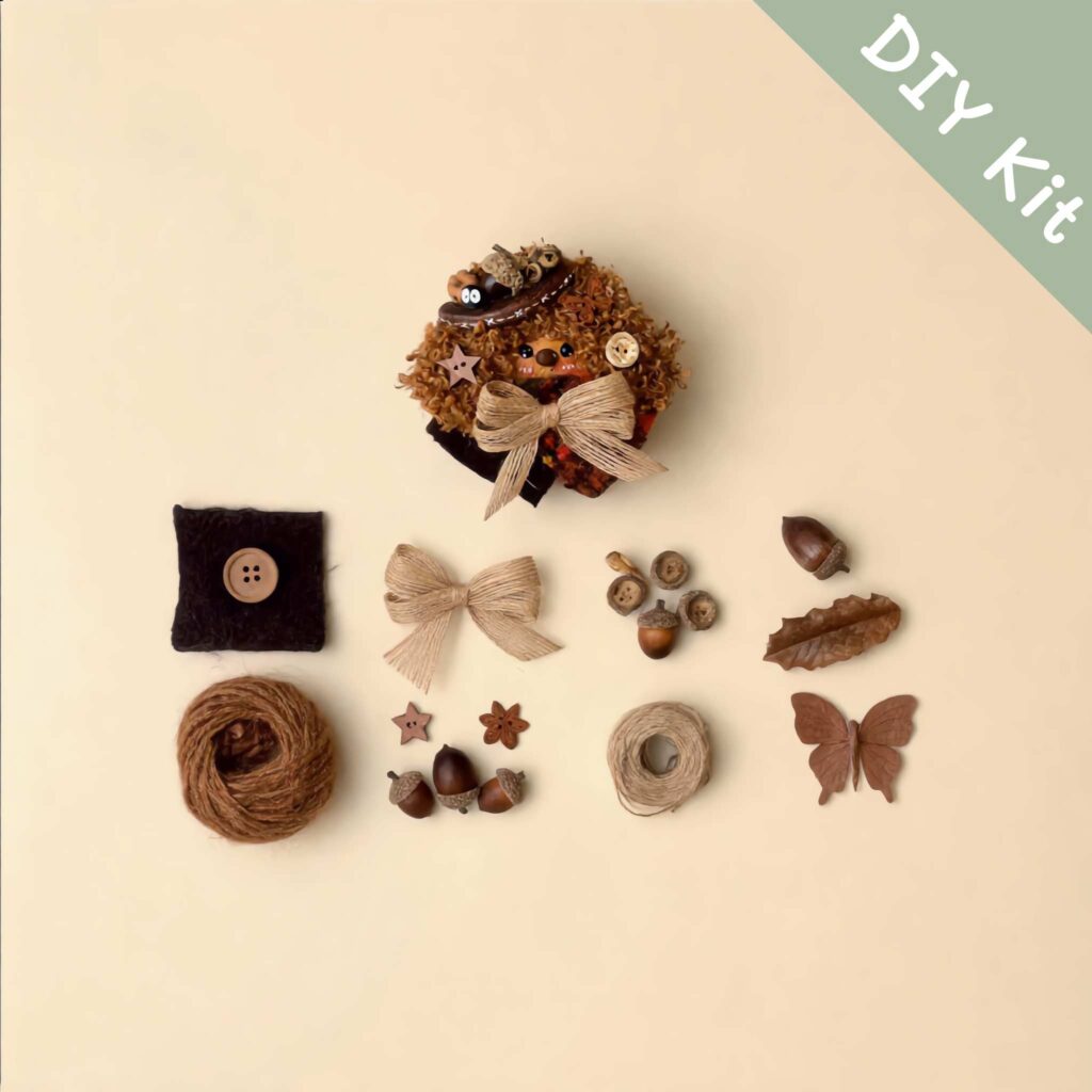 DIY Kit layout showing seed pods, twine, and butterfly cutouts for the Butterfly-Decorated Pod Doll