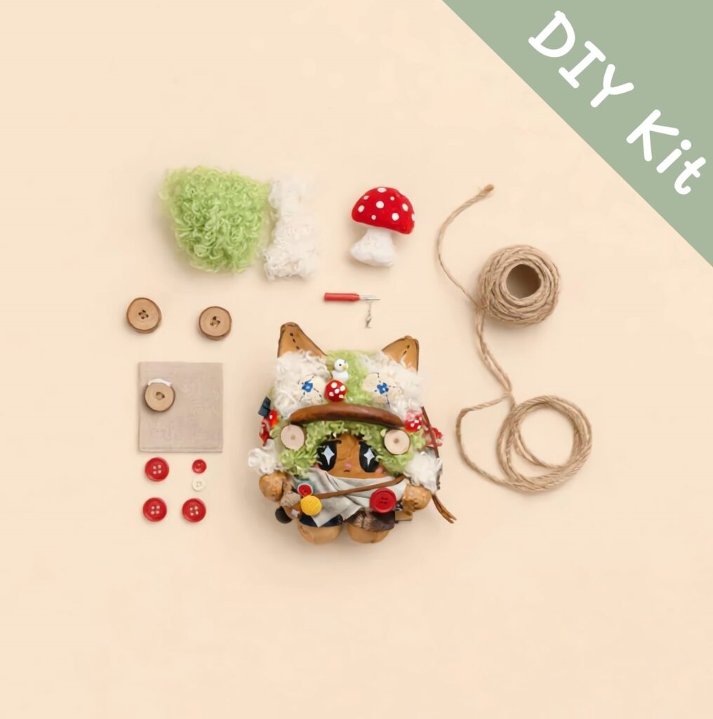 DIY Kit for Mushroom Crown Forest Friend Pod Doll laid out with kit components