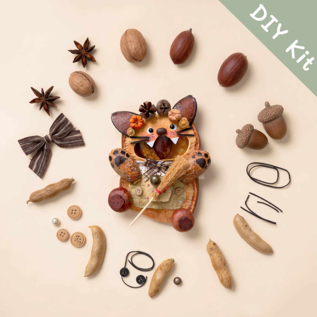 DIY Kit for Pod Doll – Orange Flower Cat showing seed pods and accessories