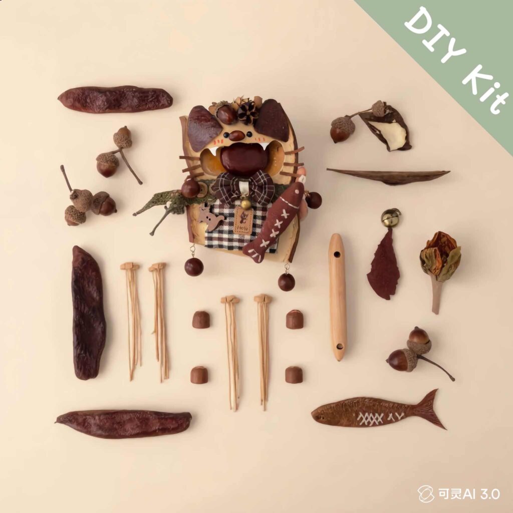 DIY Kit for Open-Mouth Pod Doll – Forest Critter showing materials laid out
