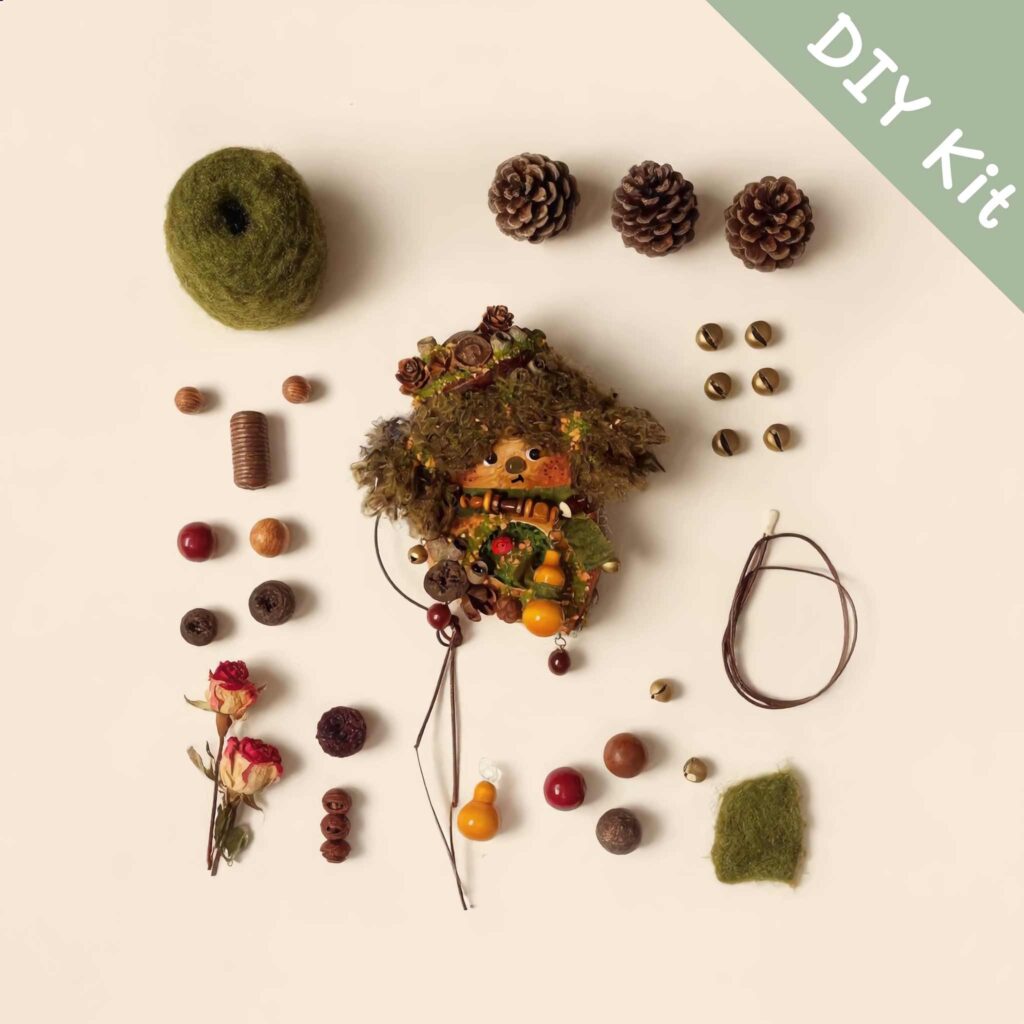 DIY Kit for Pod Doll – Pinecone Crown Moss Creature, showing moss, seed pods, beads