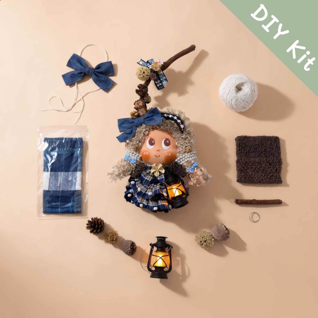 DIY Kit laid out with fabrics, seed pods, and accessories for Pod Doll