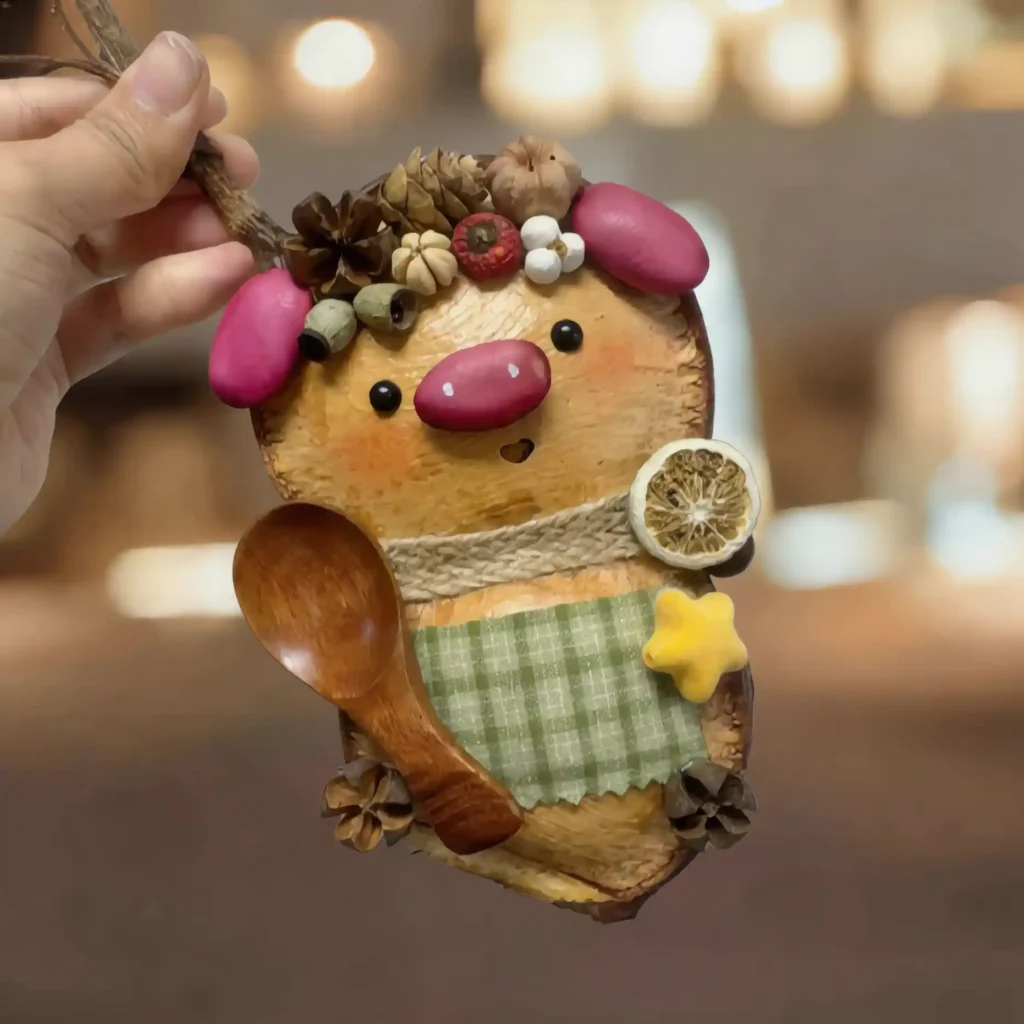 Finished Pod Doll image showing Pink-Nosed Forest Friend with seed pod crown