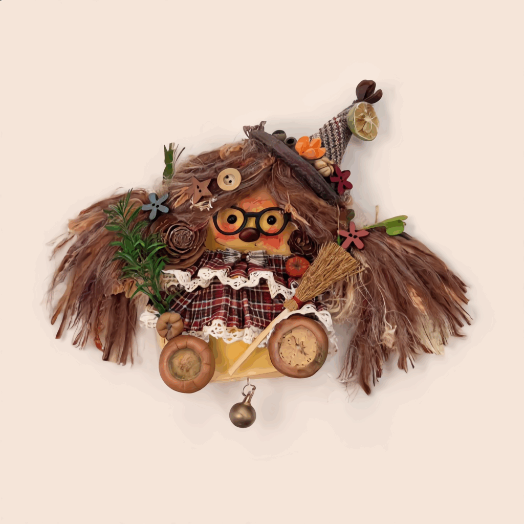 Close-up detail of the finished Pod Doll's face and headdress