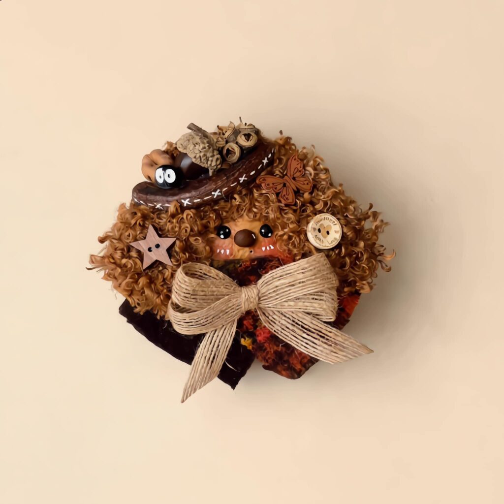 Detailed shot of Butterfly-Decorated Pod Doll showing seeds, butterflies, and eyes