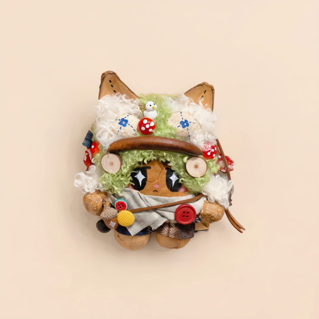 Close-up detail of Mushroom Crown Forest Friend Pod Doll with textures and blue floral accents