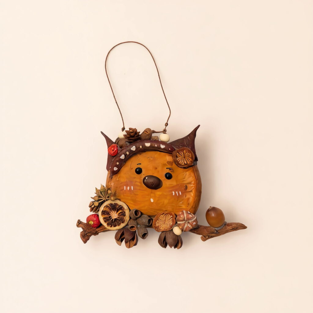 Detail view of Finished Pod Doll – Deer with Pinecone Crown