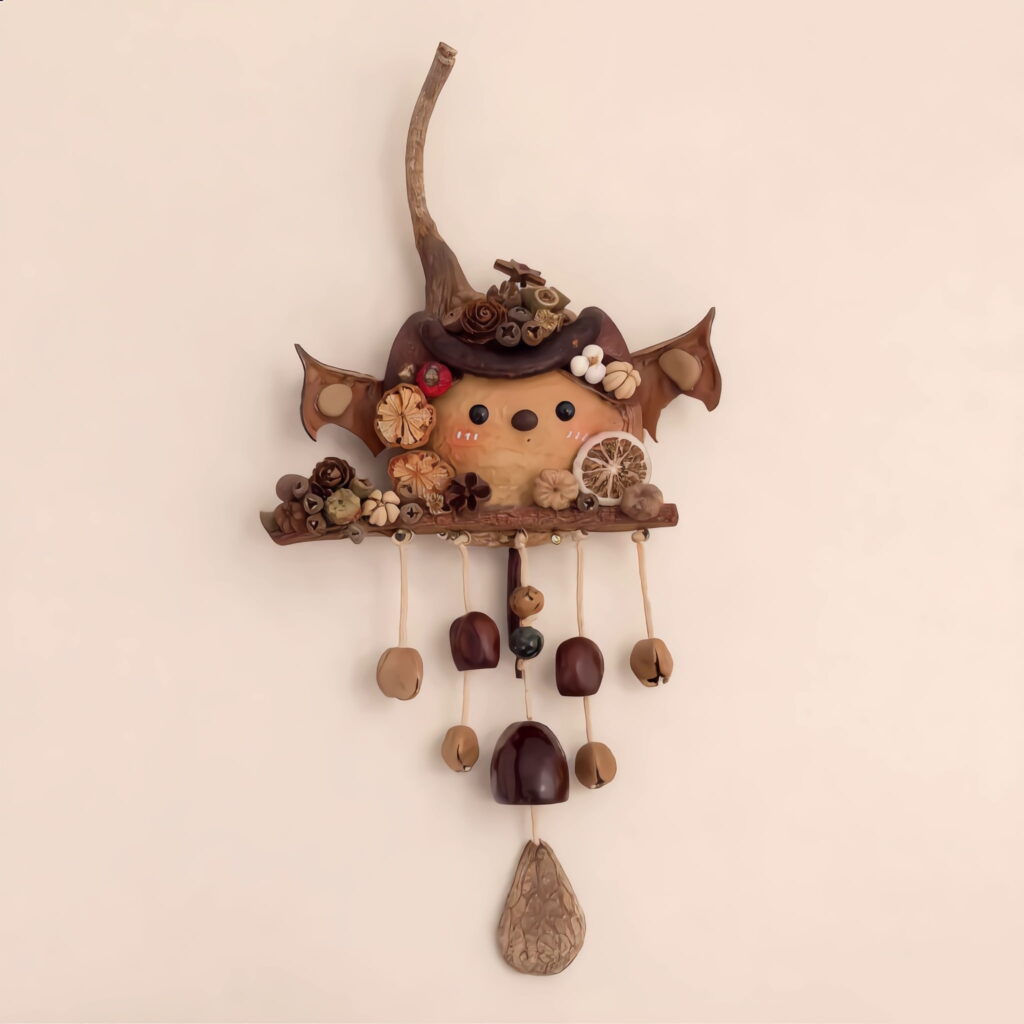 Close-up detail of Pod Doll – Bat, highlighting seed-pod flowers and hand-painted features
