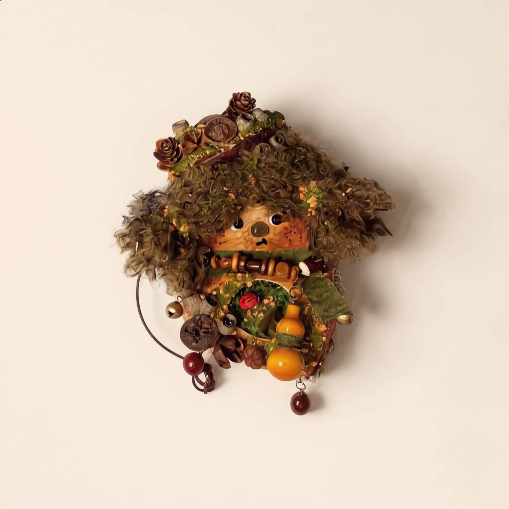 Detail view of the finished Pod Doll showing pinecone crown and moss textures