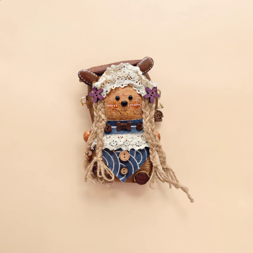 Detail view of the finished Pod Doll Flowered Seed Pod Bear