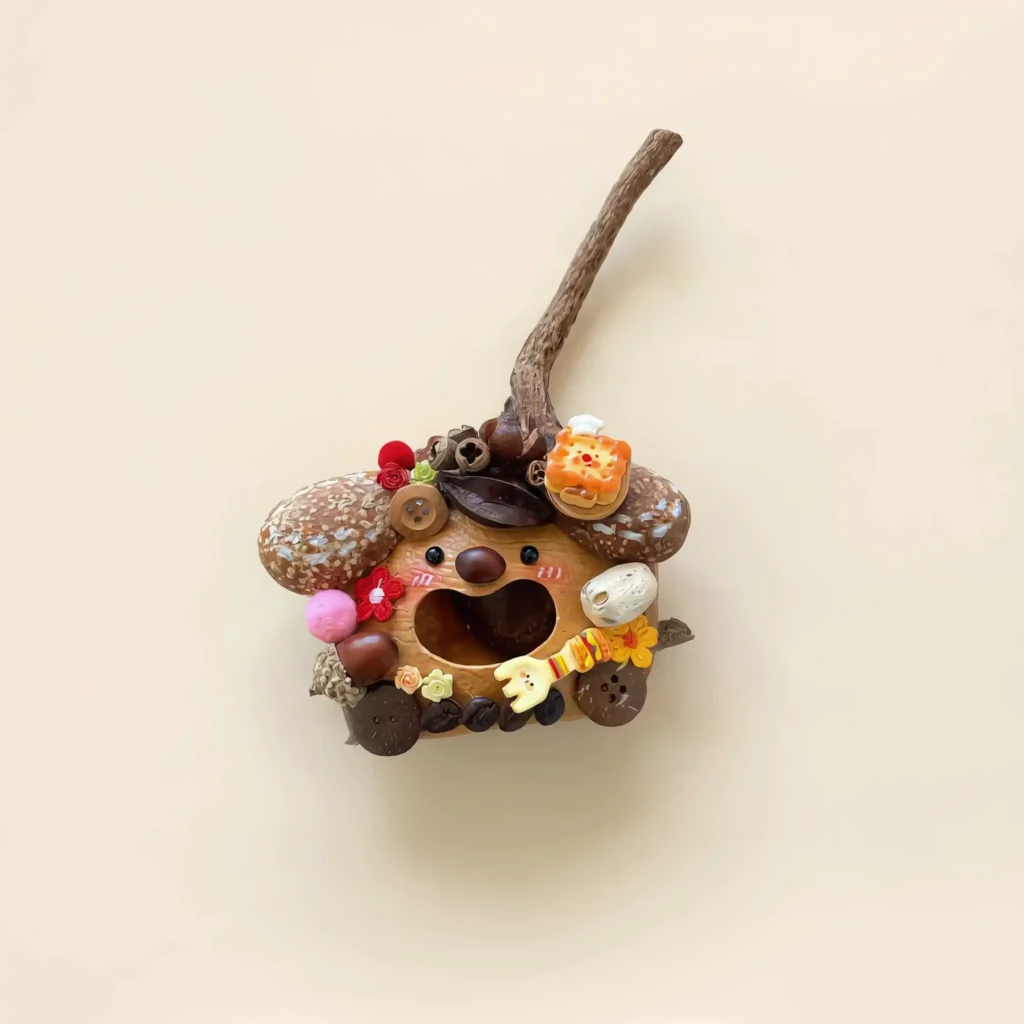 Detail of Open-Mouth Pod Doll – Button-eyed Forest Creature finished doll