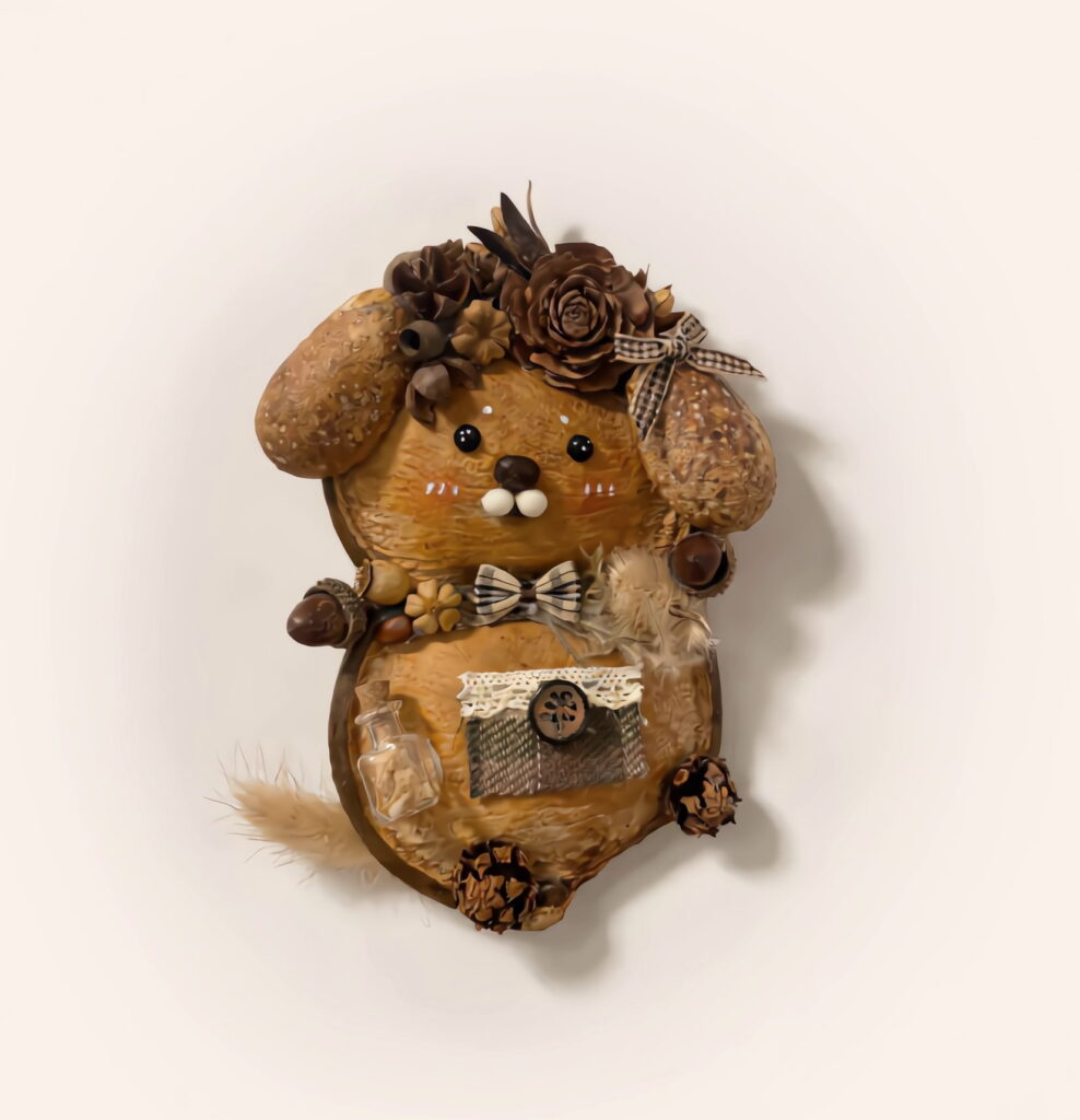 Close-up detail of the Pinecone Crown Bear finished Pod Doll