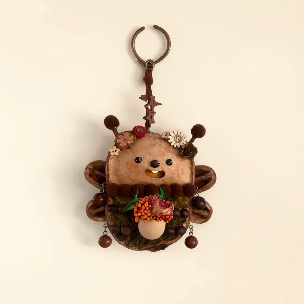 Close-up detail of Floral Bear Pod Doll showing flowers and seed-pod textures