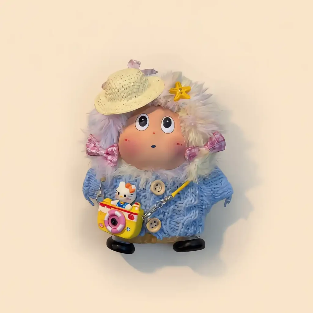 Close-up of pod doll's face and hat, detail shot