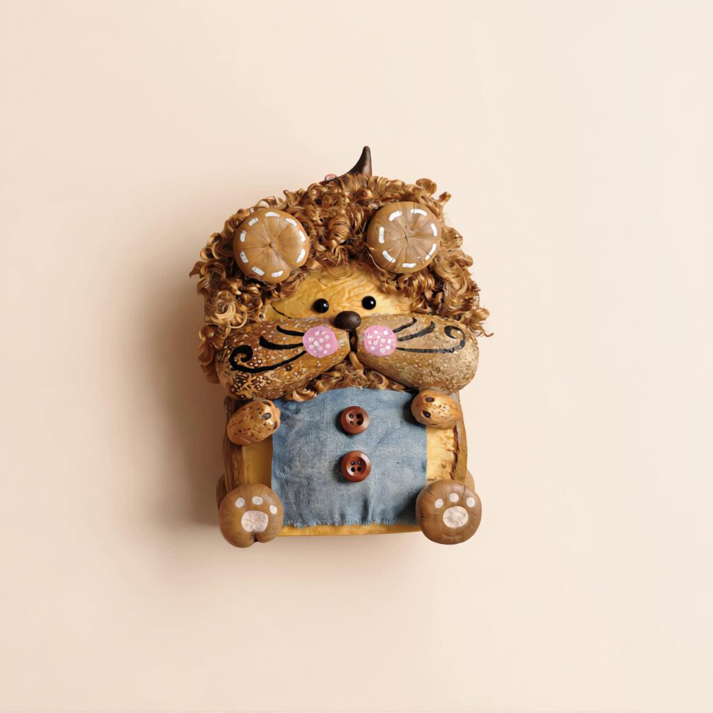 Detail shot of the Curly-Mane Lion Pod Doll's face and texture