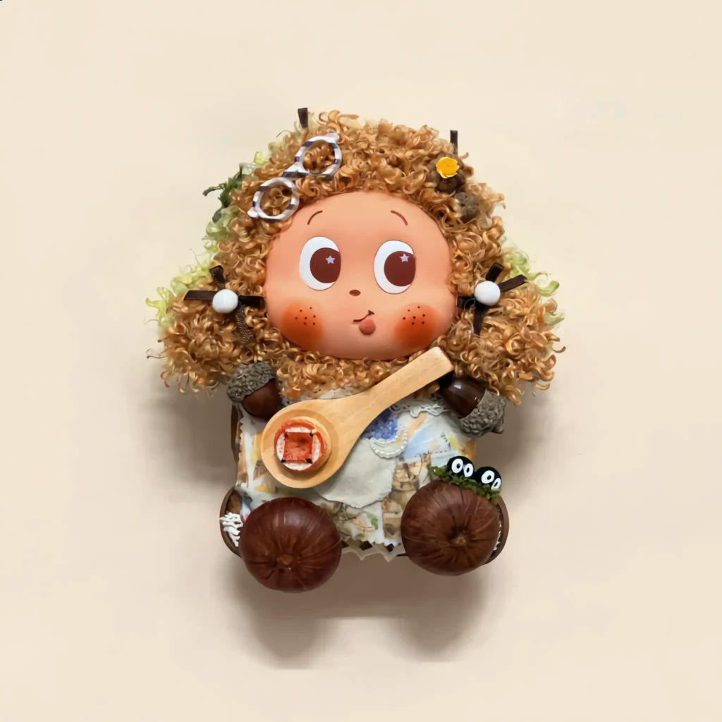 Close-up of Pod Doll's curly hair and face – finished doll details