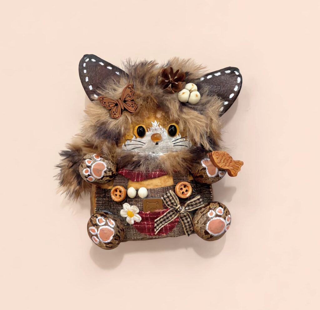 Close-up of Pod Doll's face and accessories, showing fur texture and butterfly on ear