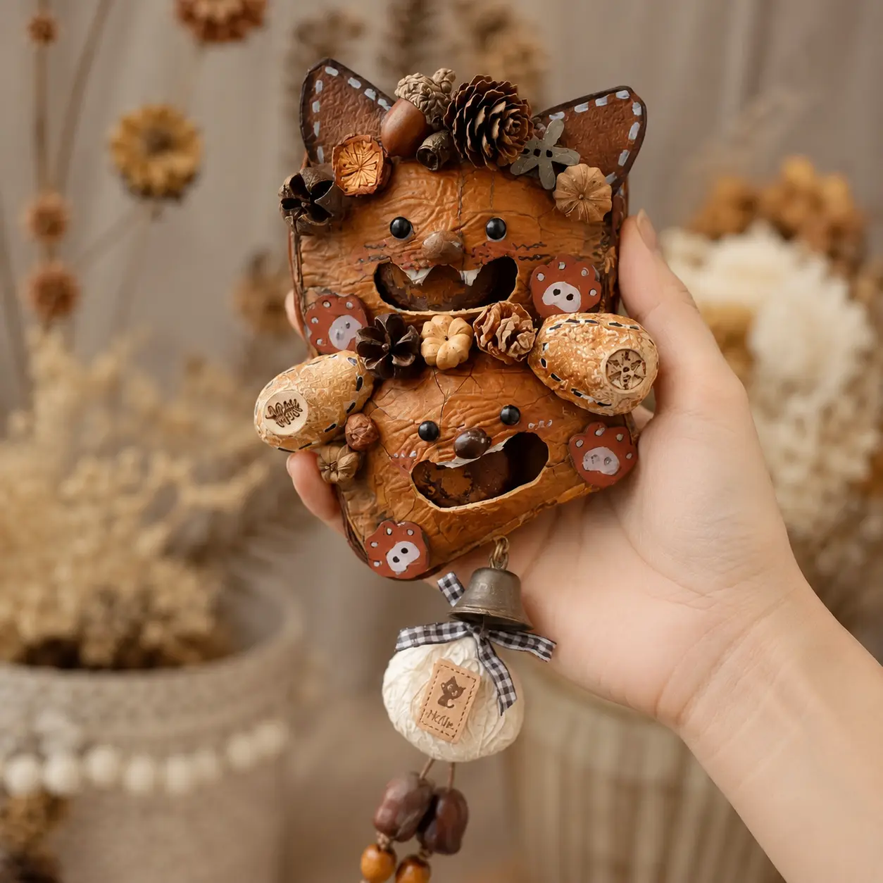 Close-up of handmade pod doll natural materials and delicate decorative details
