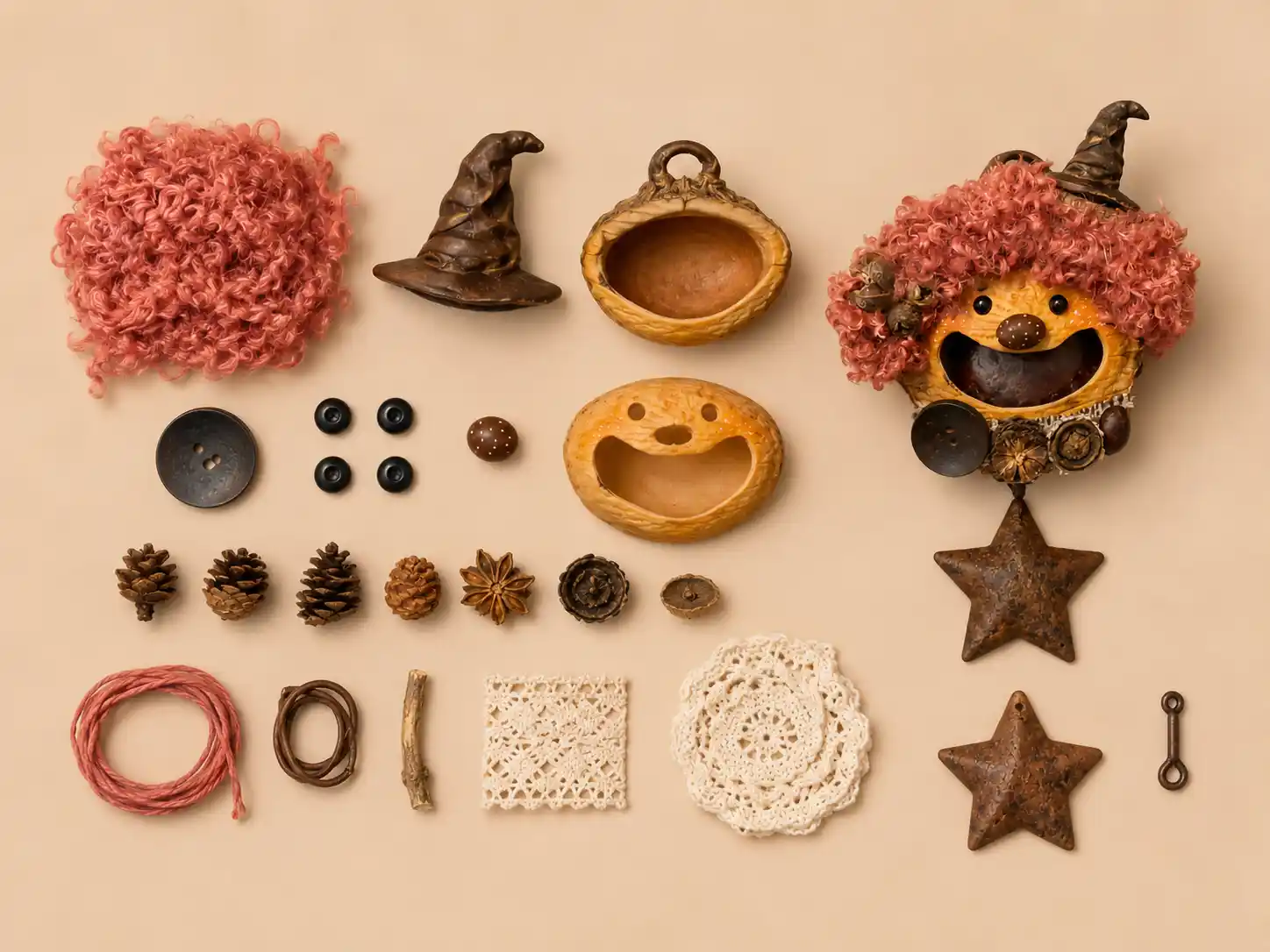 A finished Poddoll displayed with DIY pod doll kit materials.