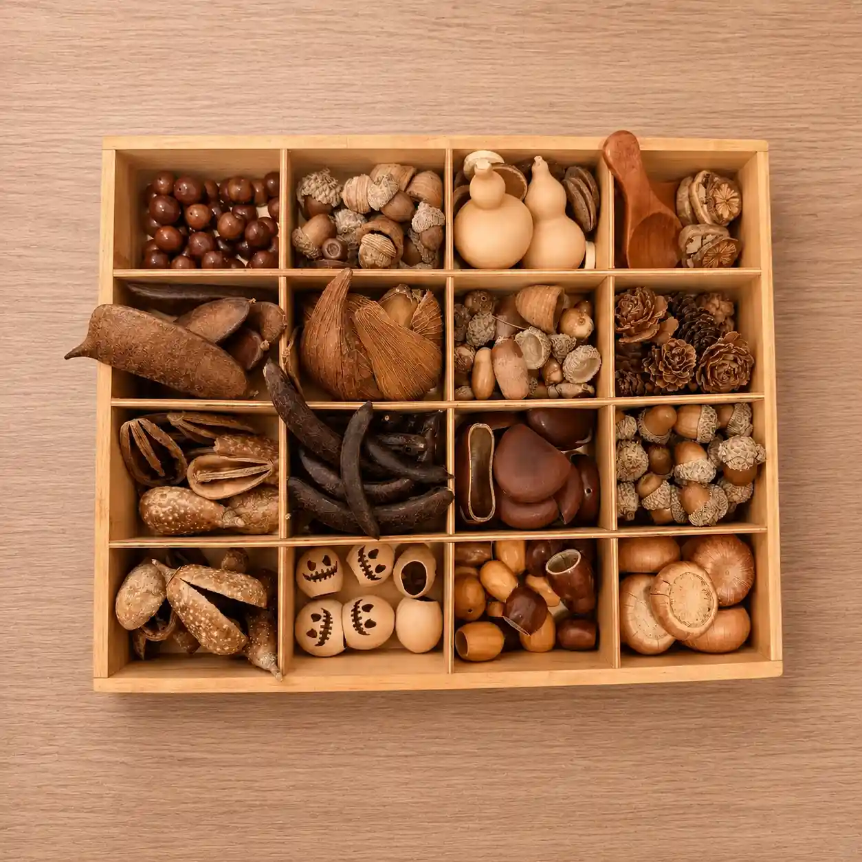 Dry natural materials stored for handmade pod dolls