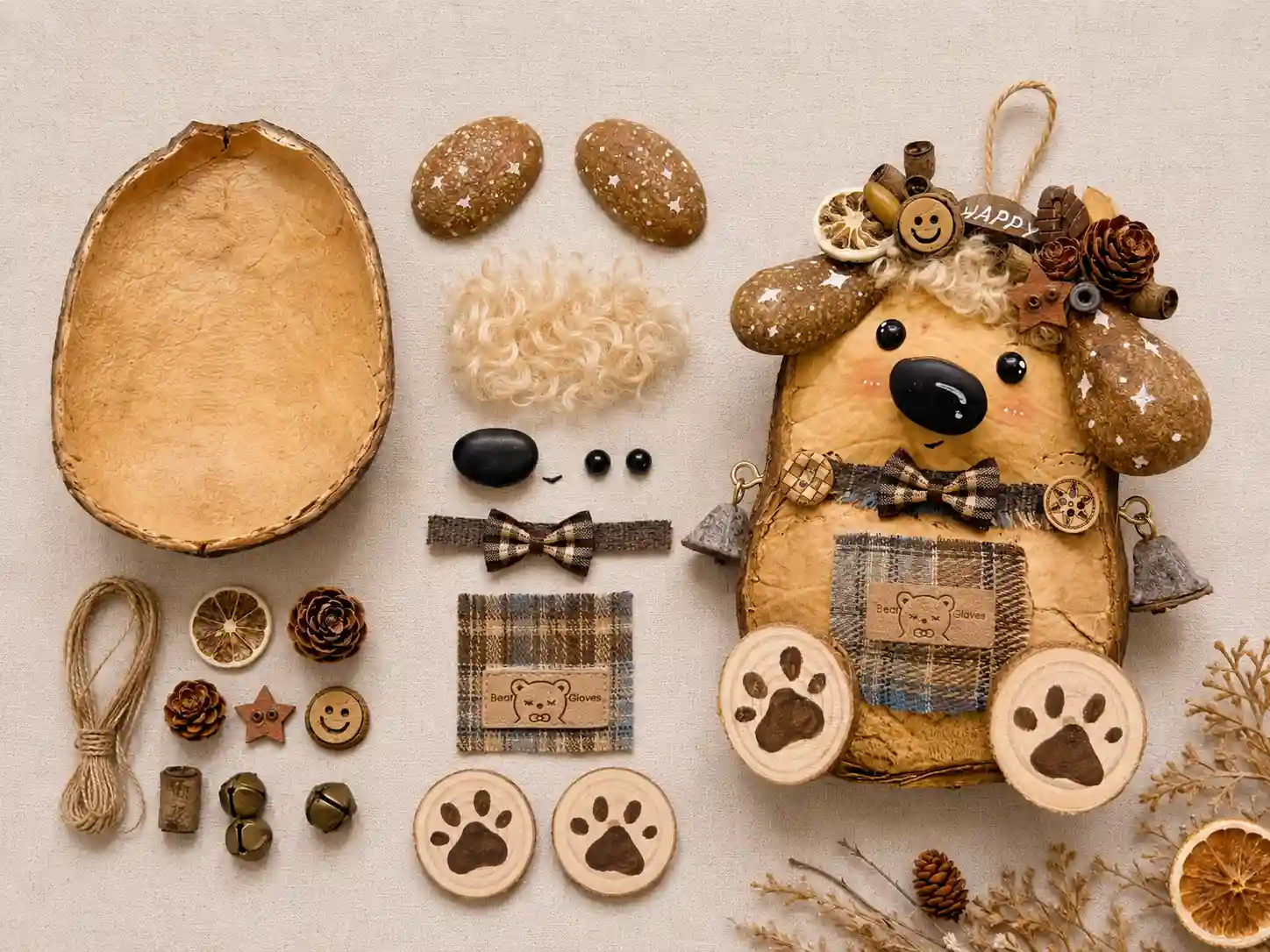 Finished handmade bear pod doll shown beside DIY-style pod doll materials including natural shell, ears, fabric, hair, rope, and small decorative parts