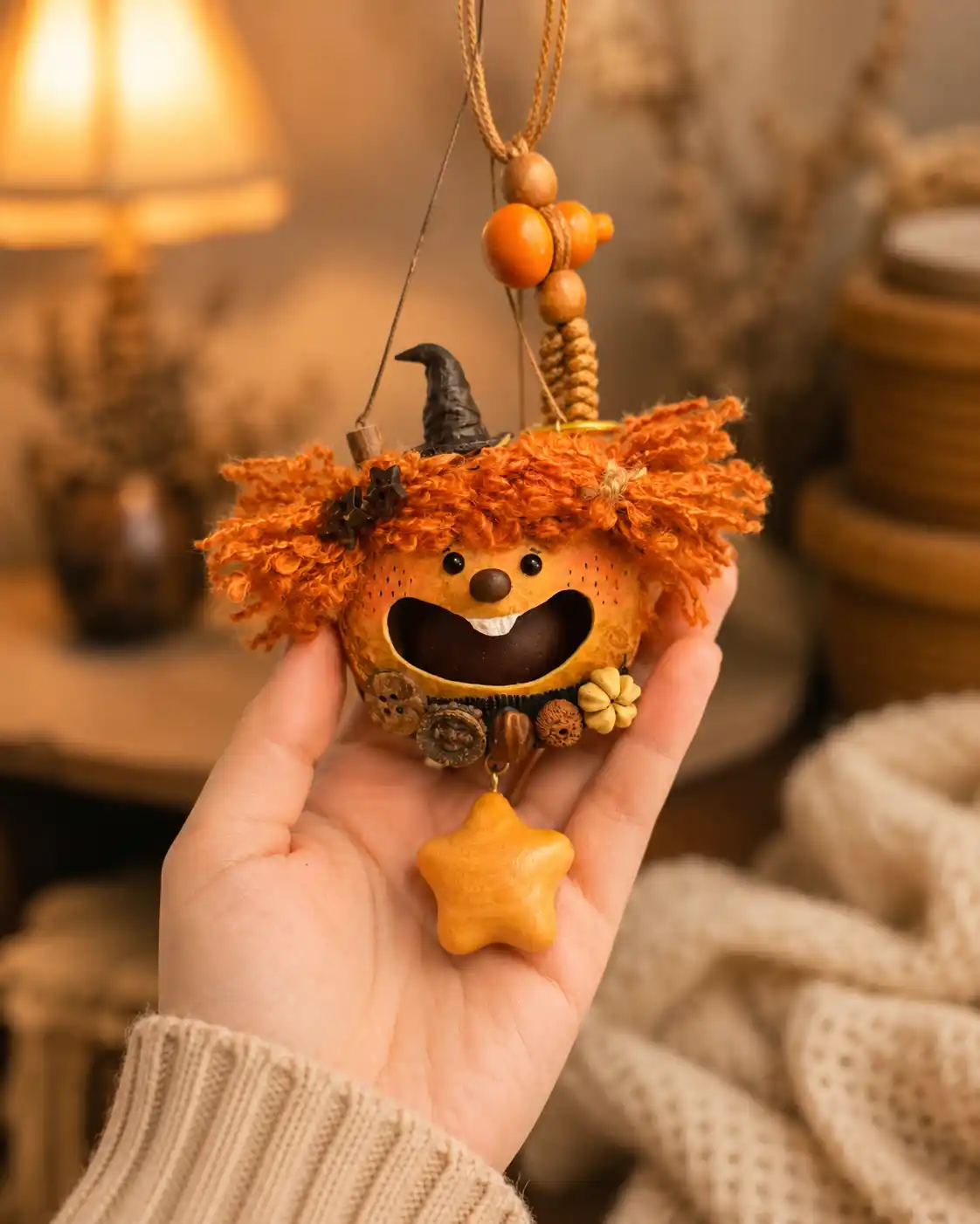 Handheld orange-haired handmade pod doll with star charm, tiny witch hat, natural pod shell, and cozy gift styling