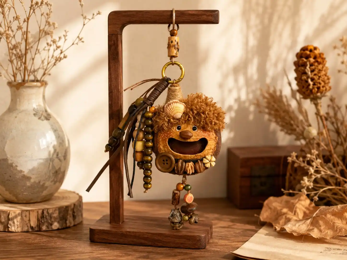 Handmade Poddoll displayed on a wooden stand as a small decorative collectible