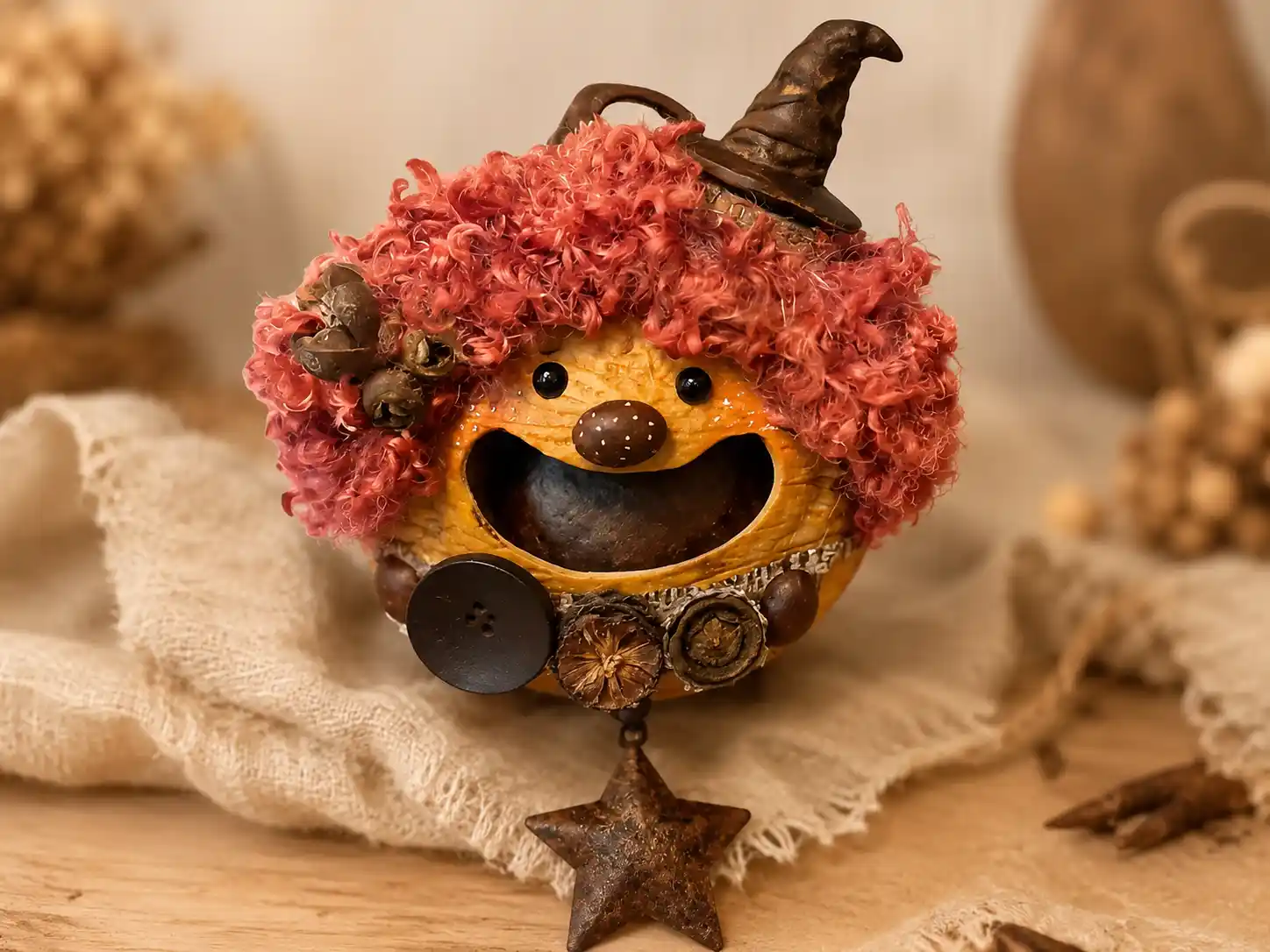 Close-up of a handmade pod doll showing natural seed pod texture, red soft details, tiny buttons, and botanical accents