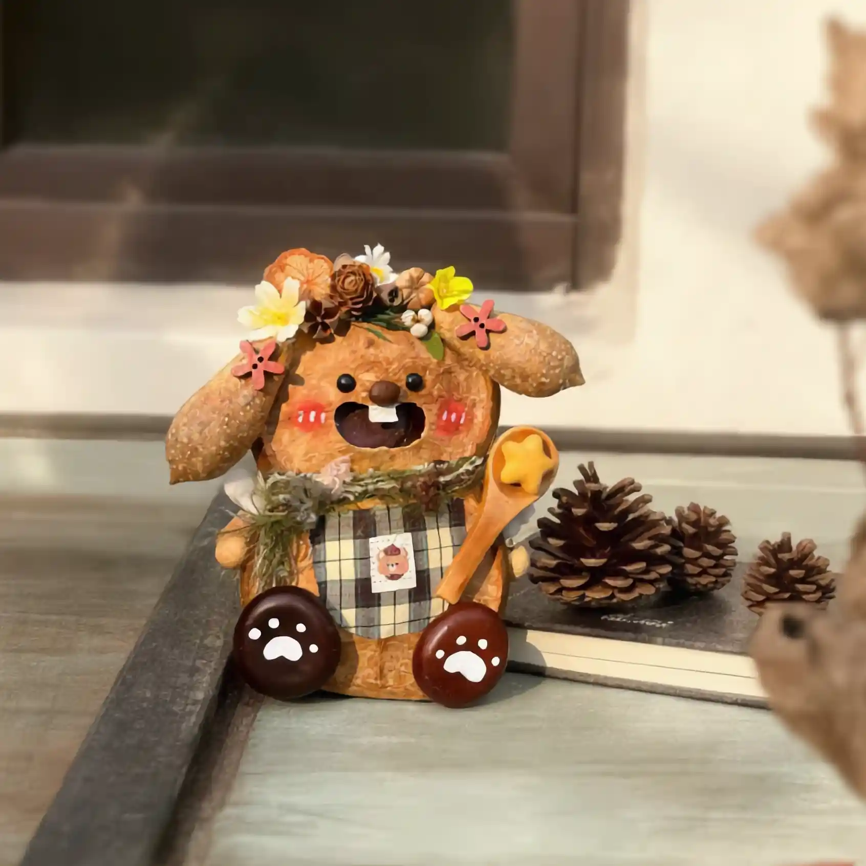Handmade pod doll puppy made from a natural seed pod shell with tiny storybook details