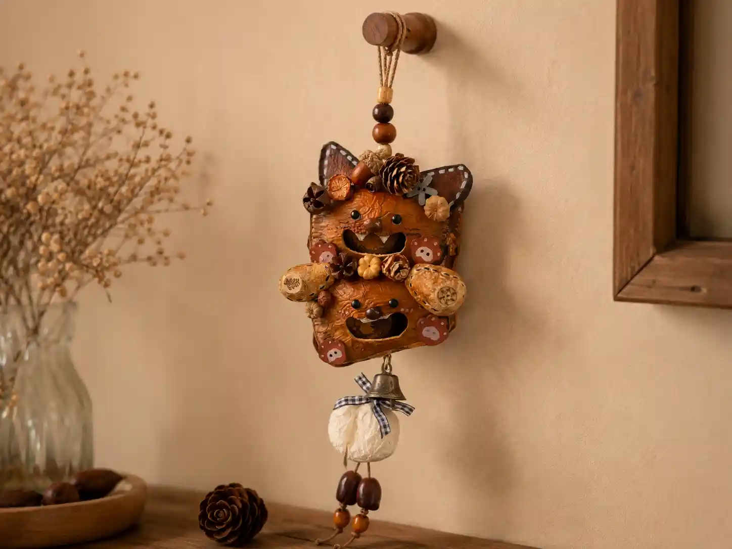 Handmade open-mouth Poddoll hanging indoors as natural wall decor