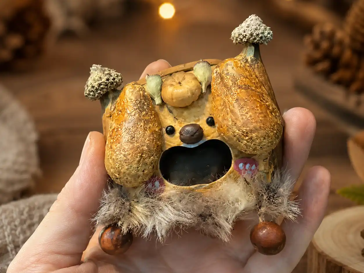 Hand holding a finished Poddoll with visible natural seed pod texture and handmade fabric details