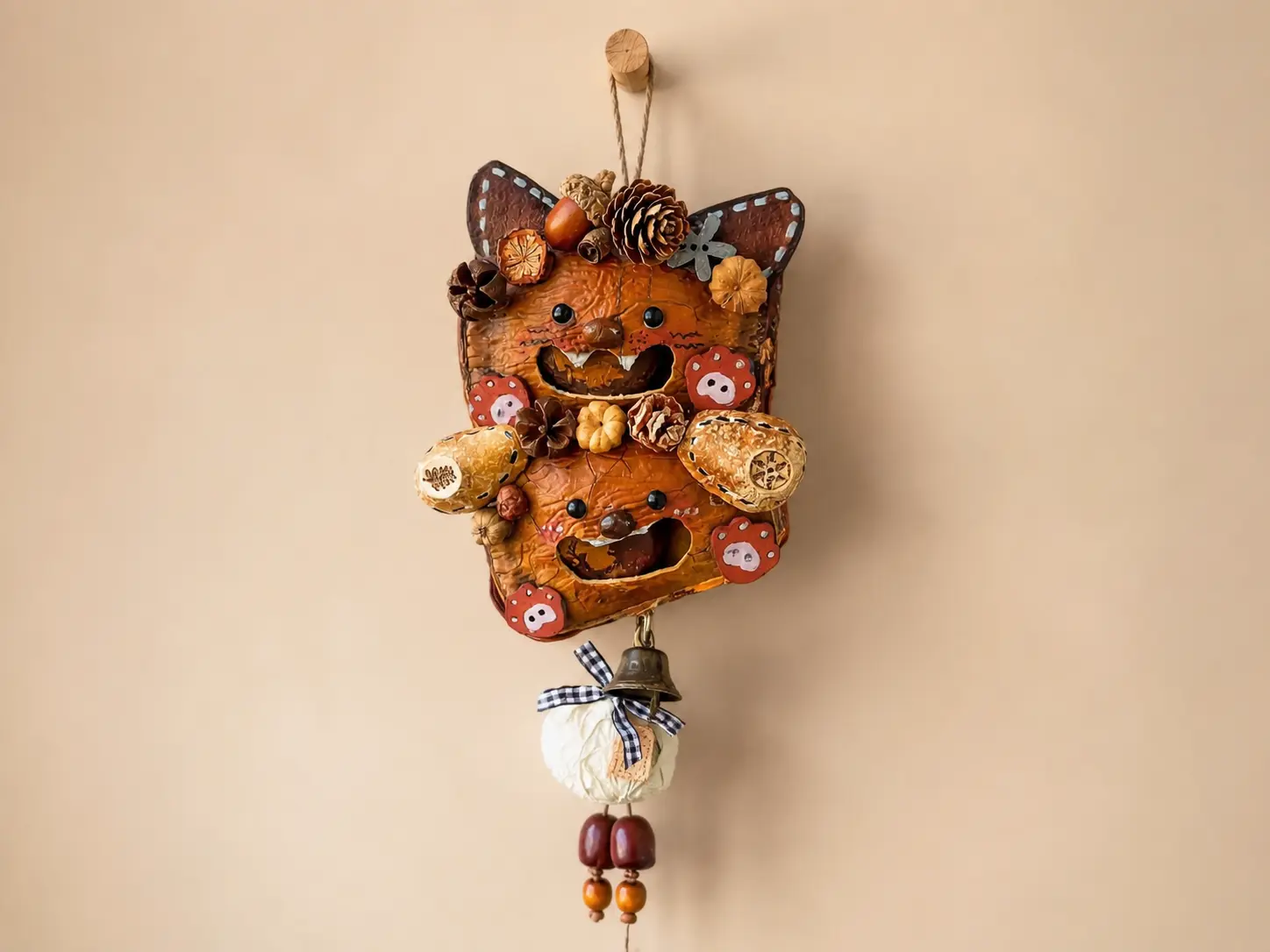 Handmade pod doll hanging on a dry indoor wall for safe display