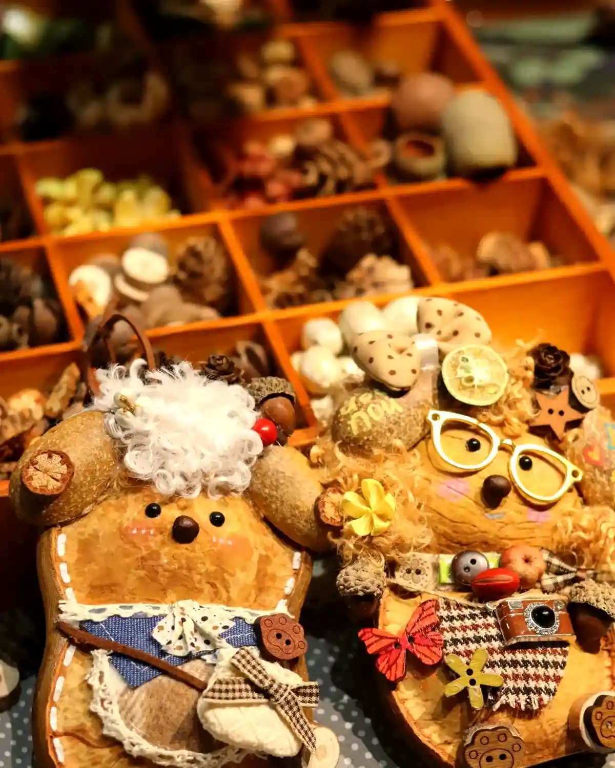 Two handmade pod dolls with unique character details and natural materials