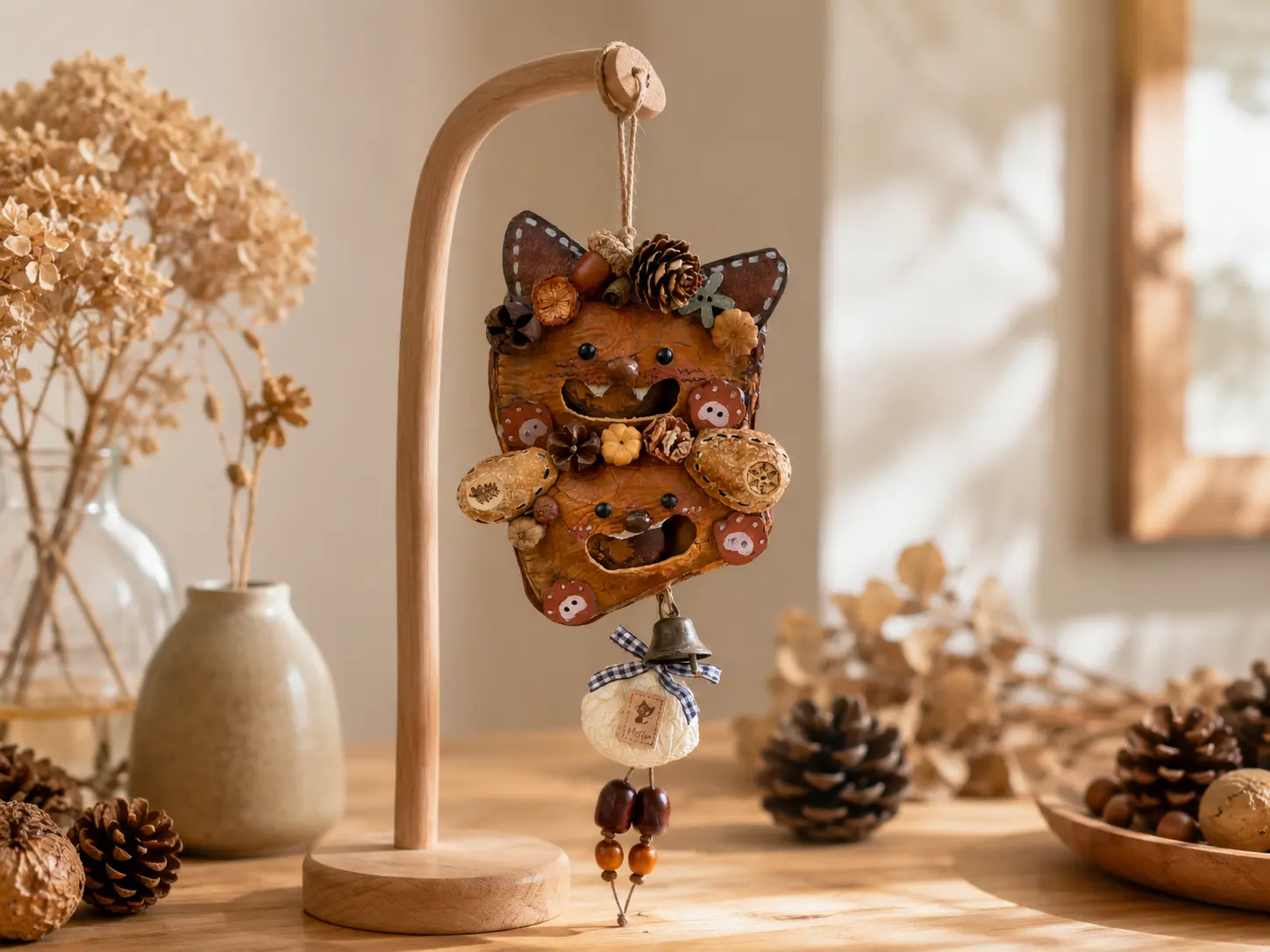 Handmade natural seed pod doll displayed on a wooden stand in a dry indoor setting