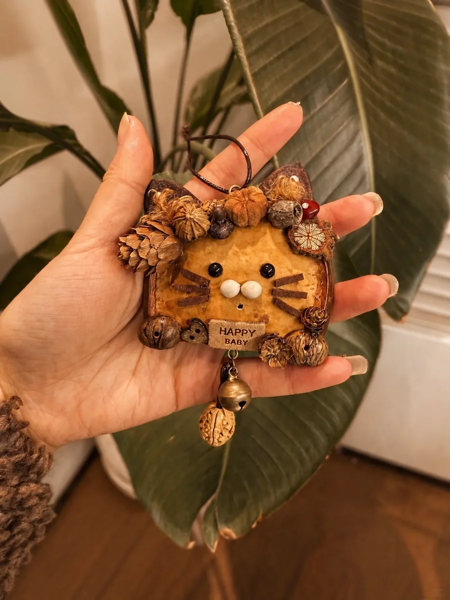 Pod doll displayed beside plants and natural home decor