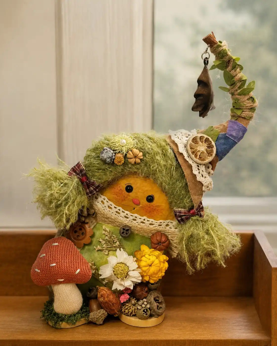Small handmade collectible displayed on a wooden shelf