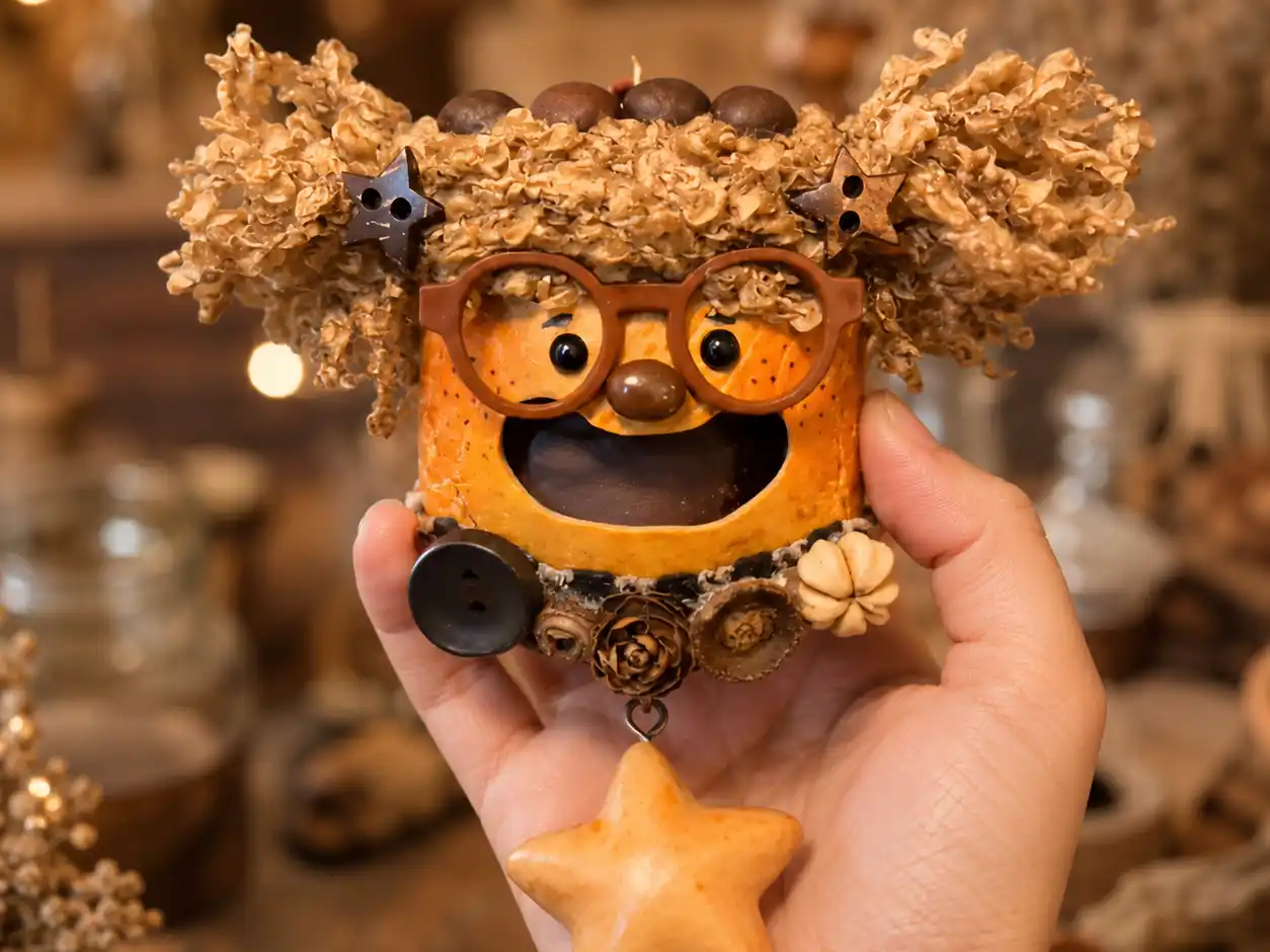 Handmade Poddoll with round glasses, textured hair, fabric clothing, and natural seed pod details