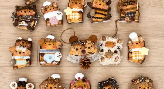 Collection of handmade Poddolls with different faces, clothing, ears, props, and natural shell shapes