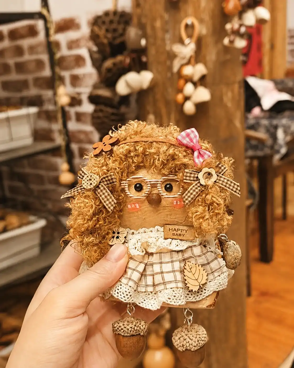 Gen Z collectibles: handmade Poddoll with curly hair, glasses, bows, and a plaid lace dress