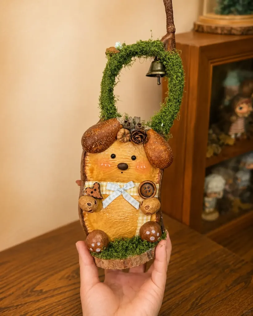 Back of a double-sided Poddoll showing a handmade dog-like character with natural ears, a blue bow, buttons, and a moss-covered handle