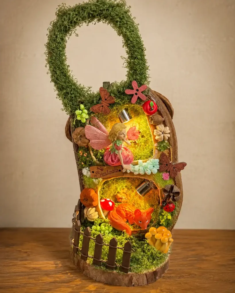 Full front view of a double-sided Poddoll with a moss-covered handle and glowing miniature forest scene