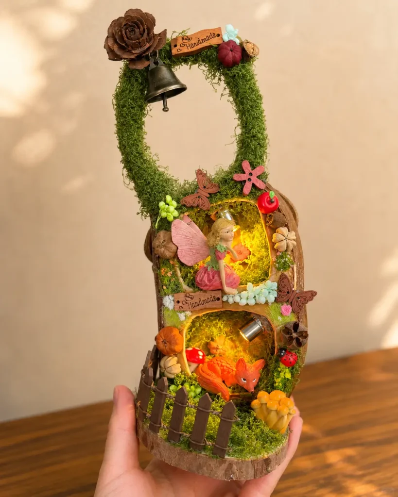 Hand holding a light-up miniature forest Poddoll with a fairy, fox, mushrooms, moss, bell, and wooden fence