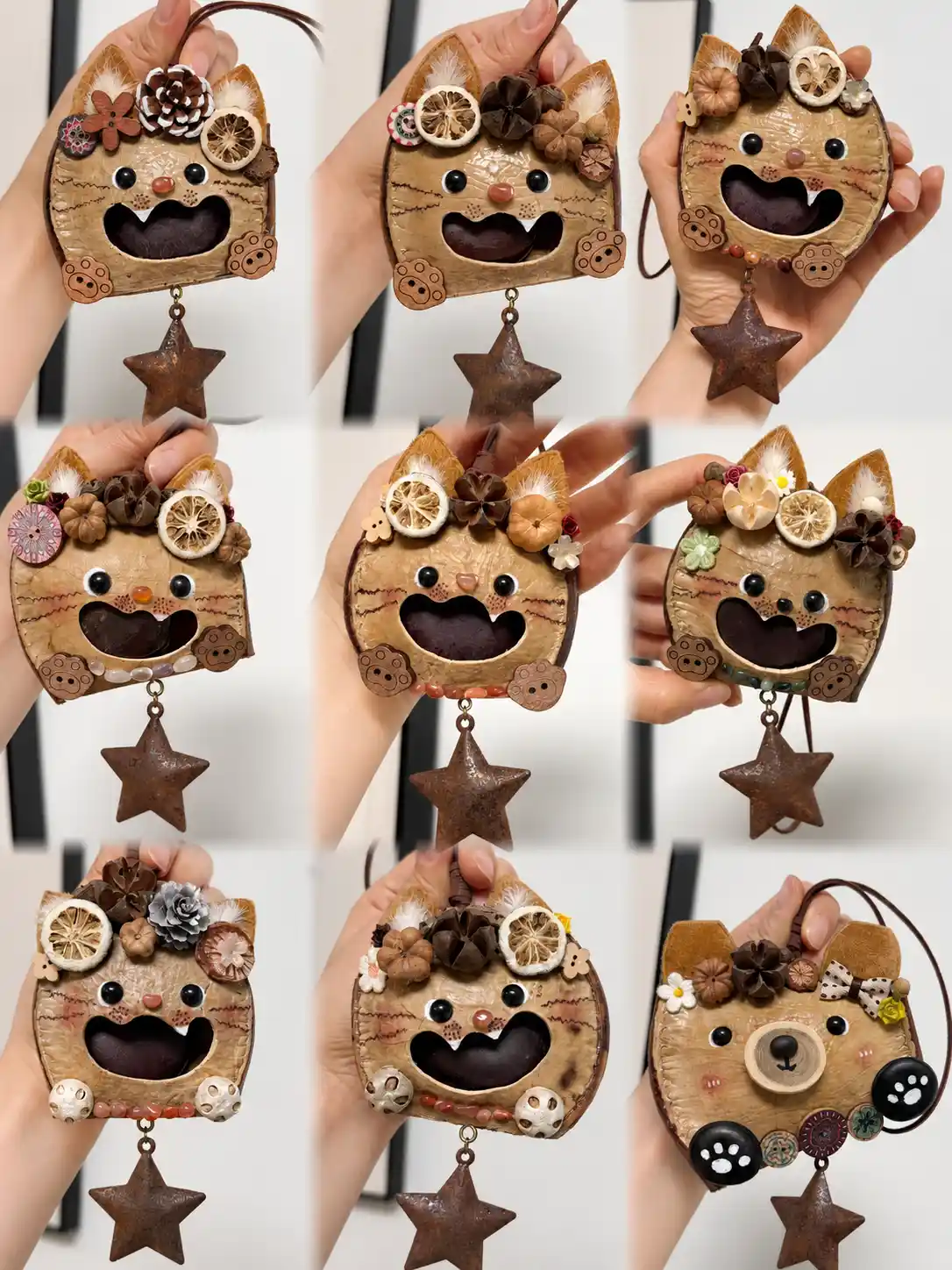 Early cat-style Poddoll hanging ornaments made with different natural seed pod shell shapes