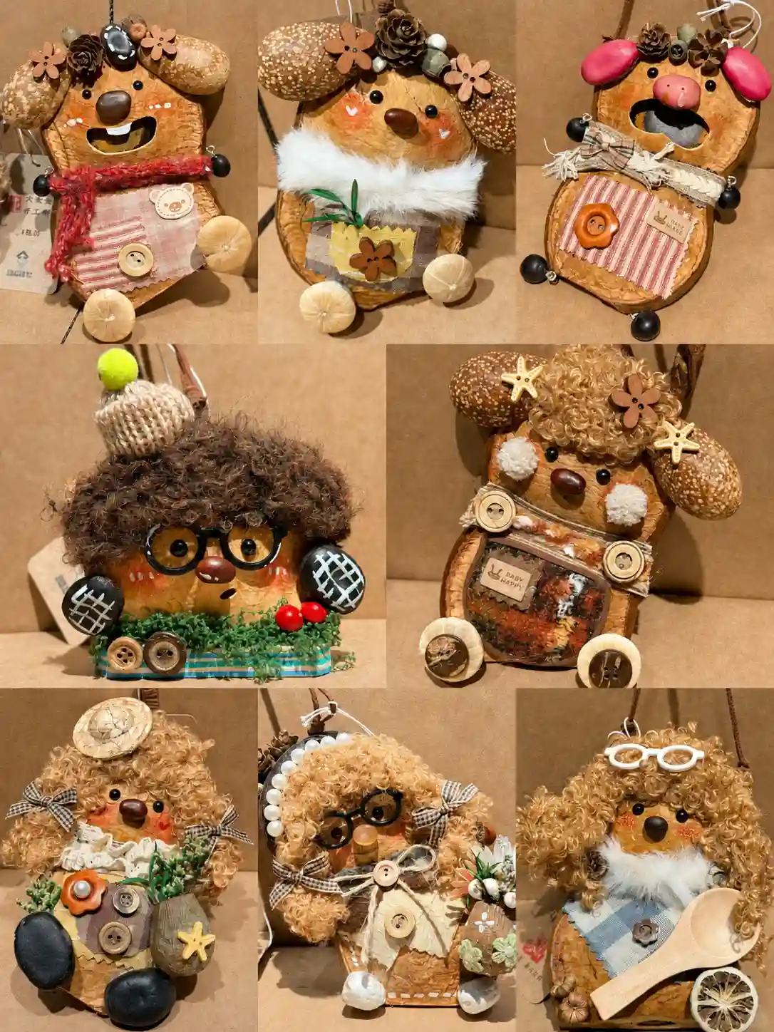 Handmade Poddoll experiments with curly hair, glasses, fabric clothing, animal ears, and botanical details