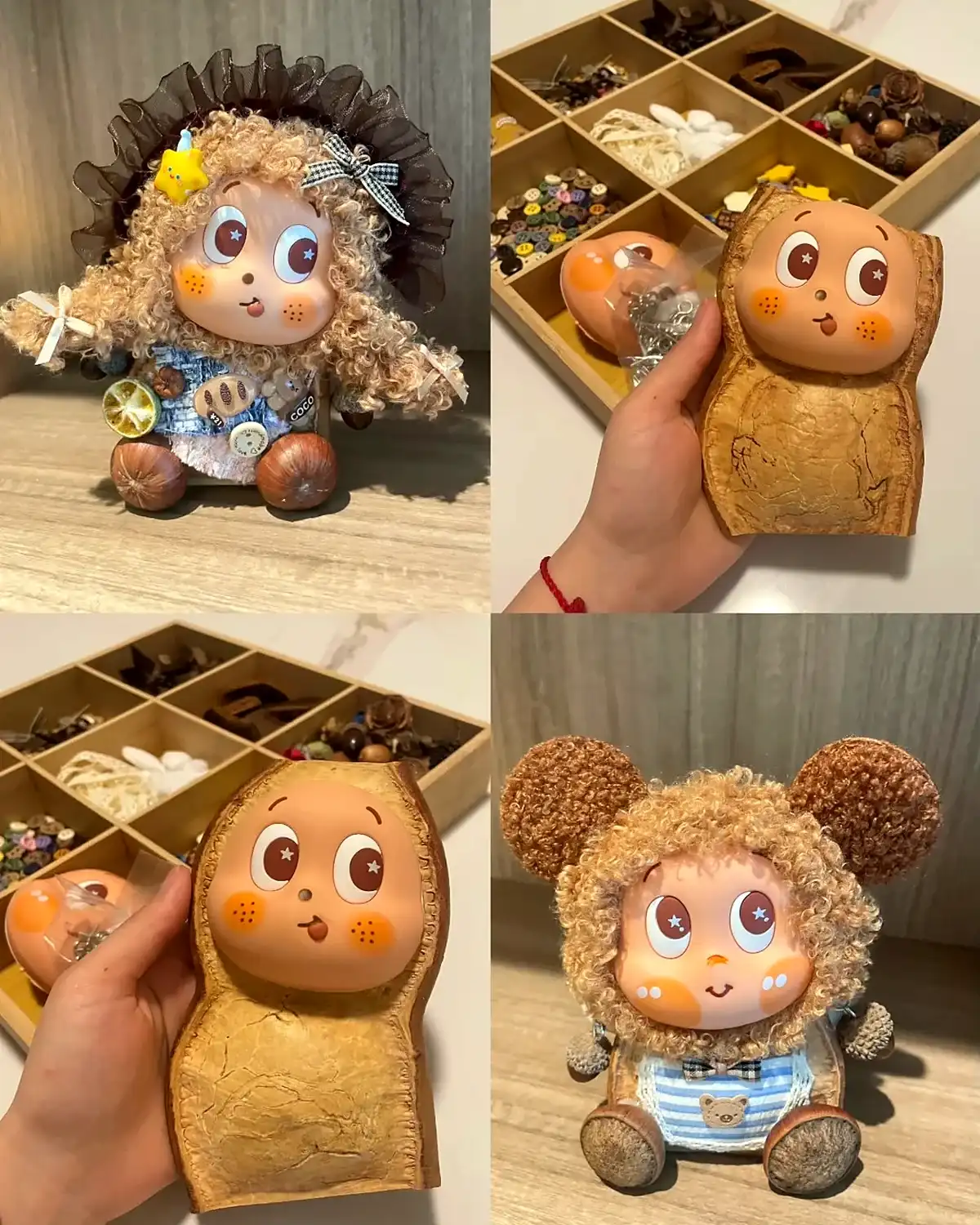 Handmade Poddoll making process with materials, seed pod shell, and finished character