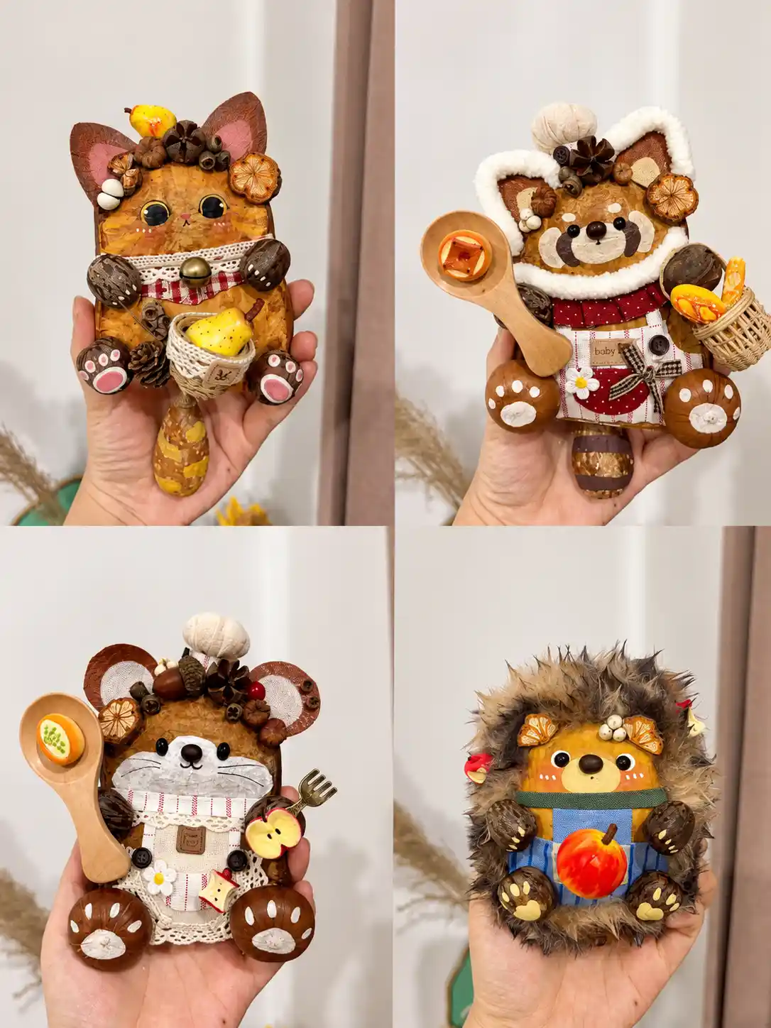 Four animal-inspired handmade Poddolls resembling a cat, red panda, mouse, and hedgehog