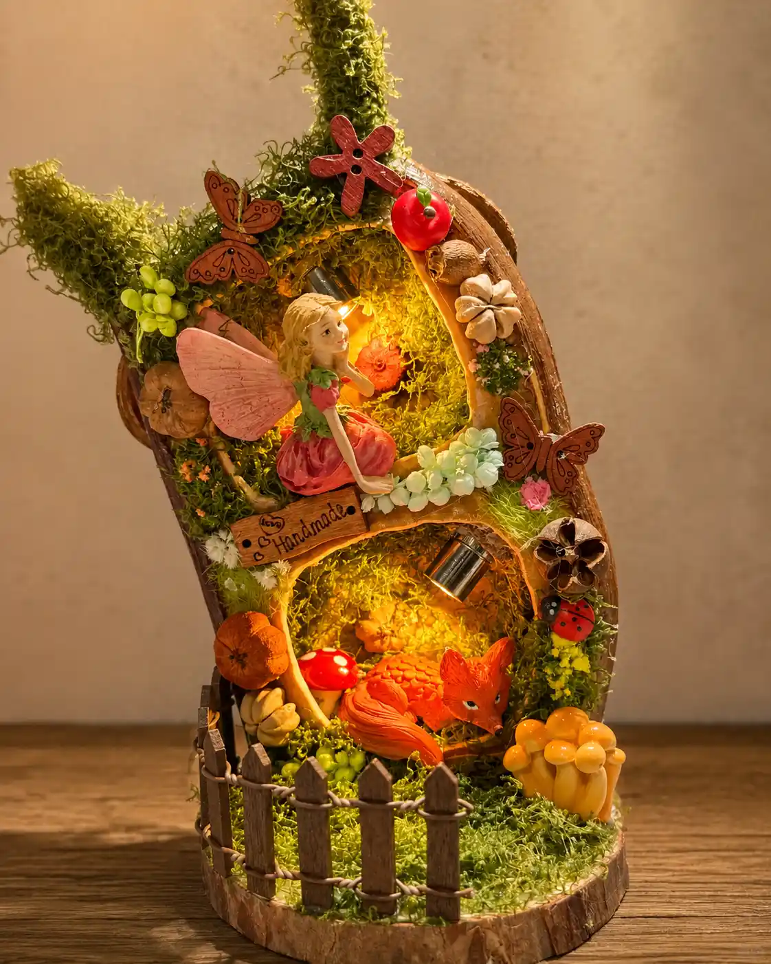 Close-up of a light-up miniature forest Poddoll with a fairy, fox, mushrooms, butterflies, moss, and a small wooden fence